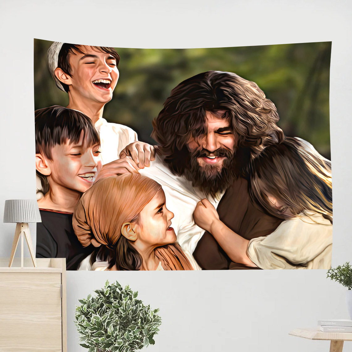 Jesus Smiling With Children - Christian Wall Art - Christian Tapestry Wall Hanging - Jesus Christ Tapestry Wall Art - Ciaocustom