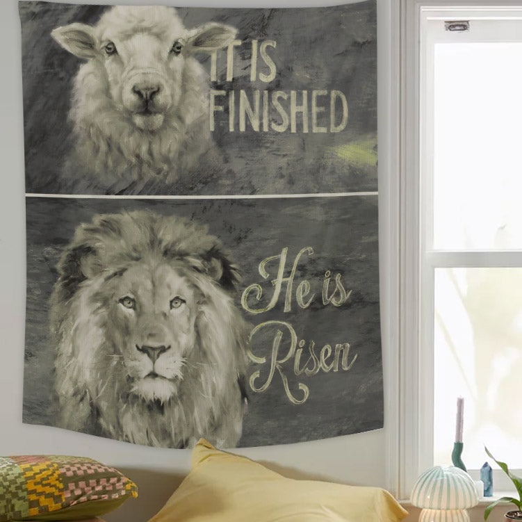 He Is Risen, It Is Finished Tapestry - Lion And Lamb - Bible Verse Wall Tapestry - Christian Tapestry - Religious Tapestry Wall Hangings - Ciaocustom