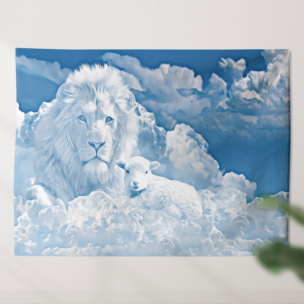 Jesus Christ Lamb and Lion - Christian Tapestry - Christian Tapestry Wall - Religious Wall Decor - Ciaocustom