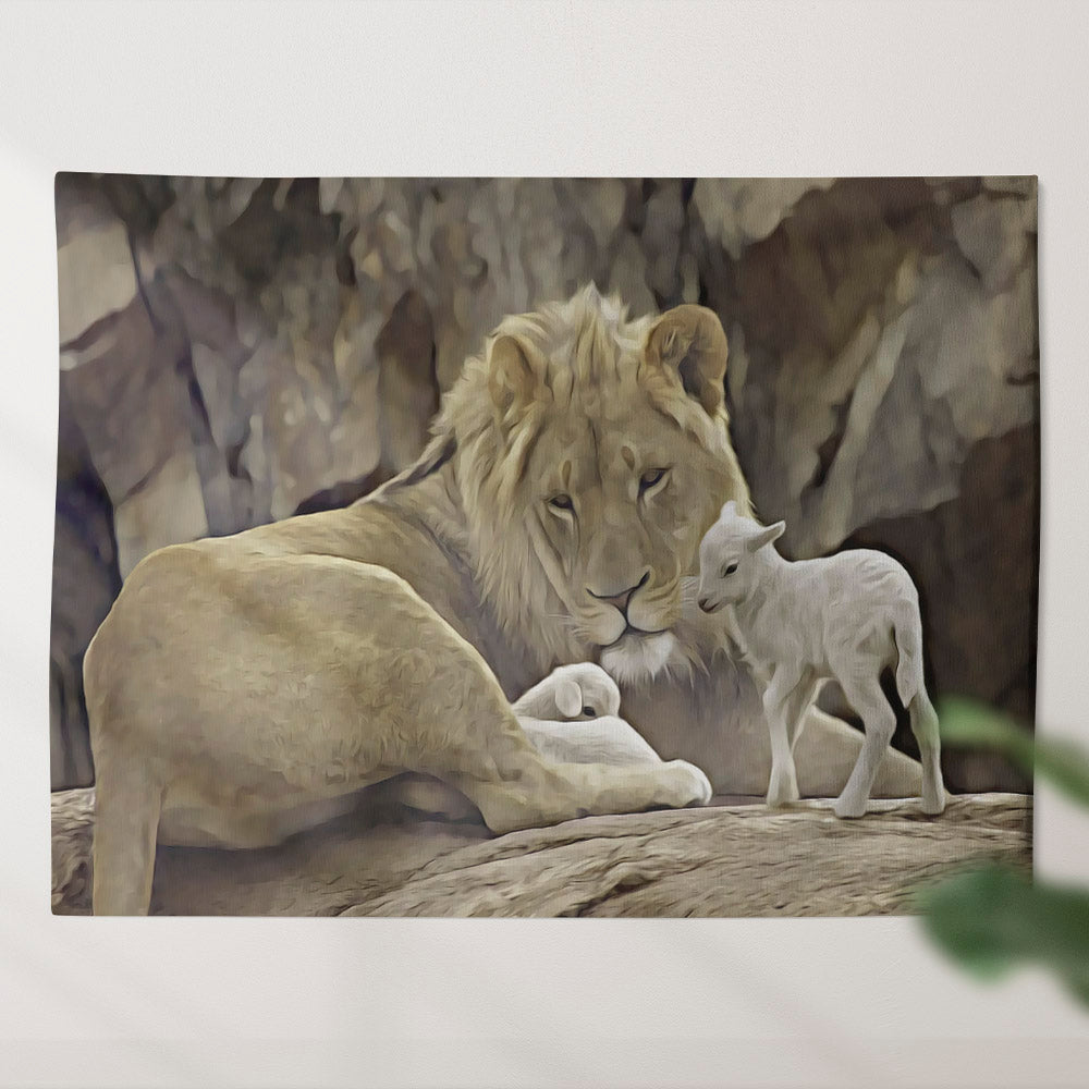 The Lion and The Lamb - Christian Tapestry - Christian Tapestry Wall - Religious Wall Decor - Ciaocustom