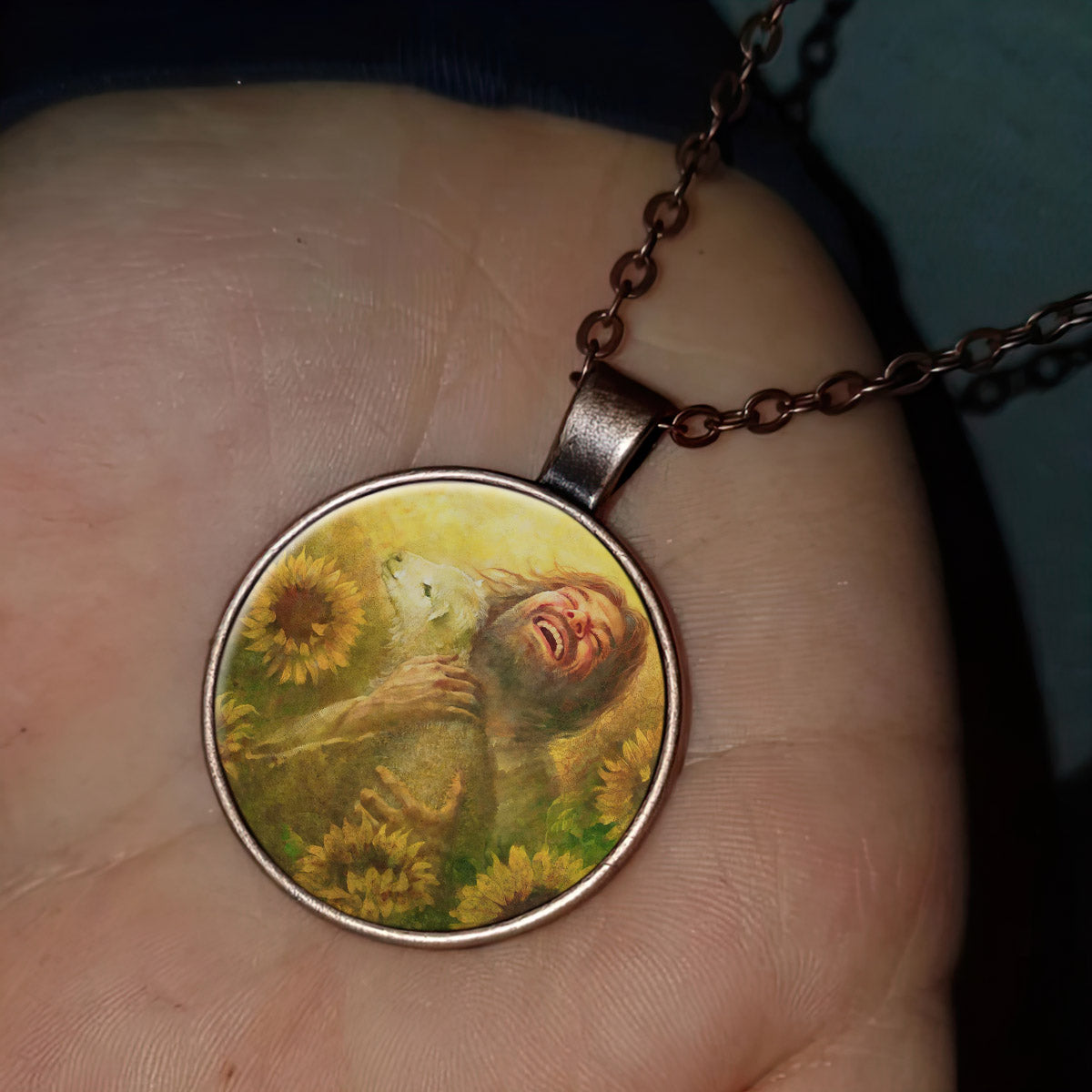 Jesus And Lamb In Field Of Sun Flowers - Jesus Christ Necklace - Religious Pendant - Catholic Necklace - Ciaocustom