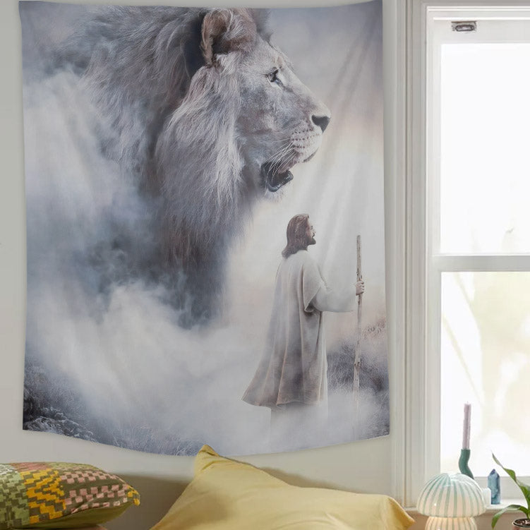 Jesus And Lion Tapestry - Jesus Tapestry - Christian Tapestry - Jesus Wall Art - Christian Tapestry Wall Hanging - Gift For Christian - Ciaocustom
