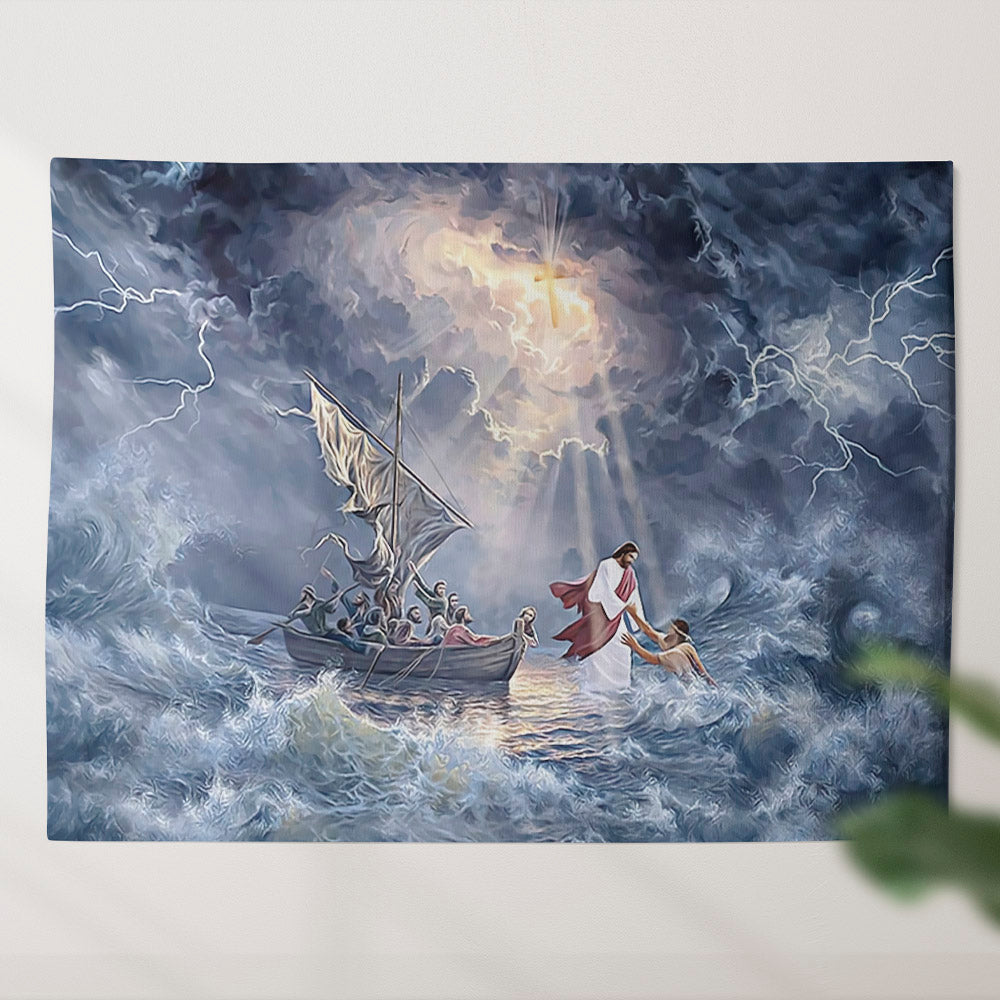Jesus In The Storm At Sea - Jesus Calm The Storm - Religious Wall Decor - Christian Wall Tapestry - God Tapestry - Ciaocustom