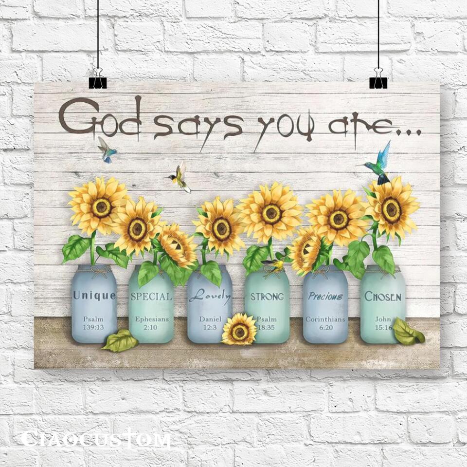 God Says You Are Unique - Sunflower - Hummingbird - Jesus Canvas Wall Art - Bible Verse Canvas - Christian Canvas Wall Art - Ciaocustom