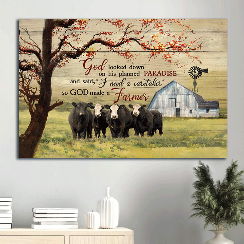 Aberdeen Angus Canvas Tranquil Farm Under The Tree Spring Grass Field God Looked Down On His Planned Paradise Canvas Wall Art - Christian Wall Decor