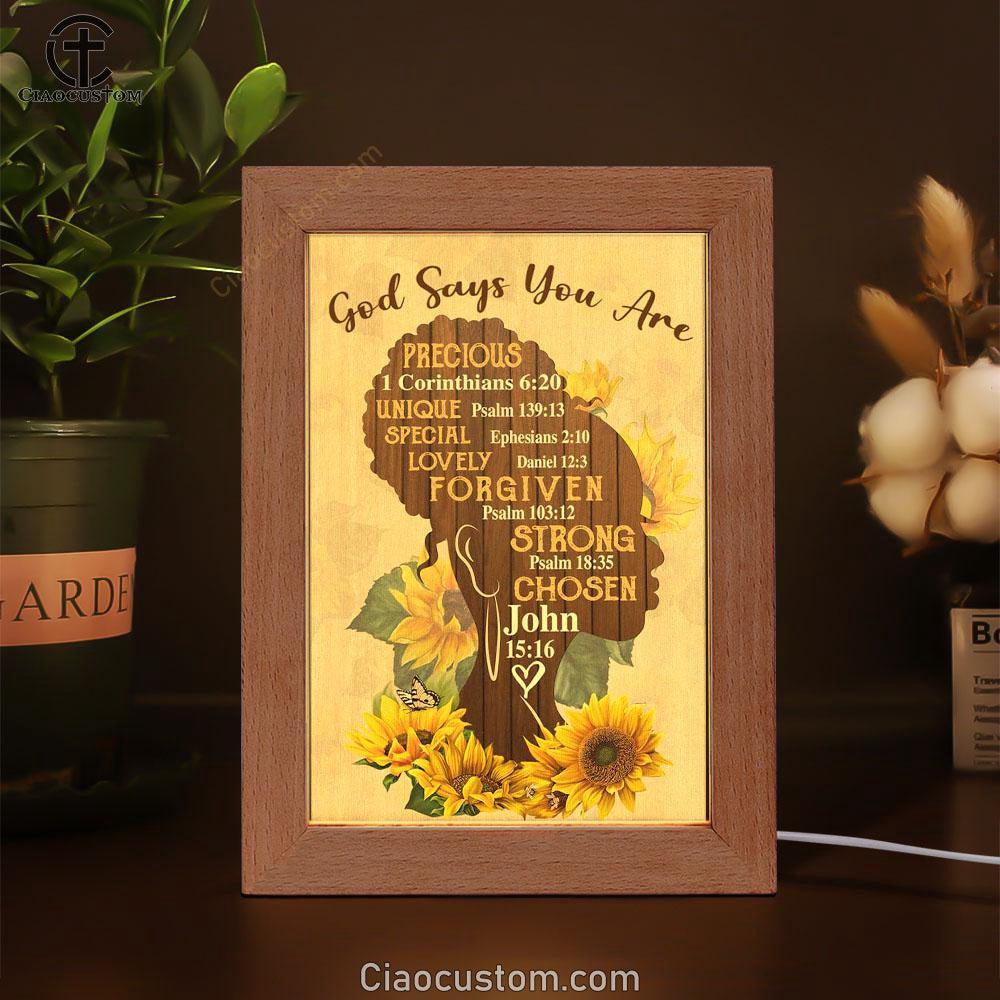 African American God Says You Are Sunflower Frame Lamp Prints - Bible Verse Wooden Lamp - Scripture Night Light