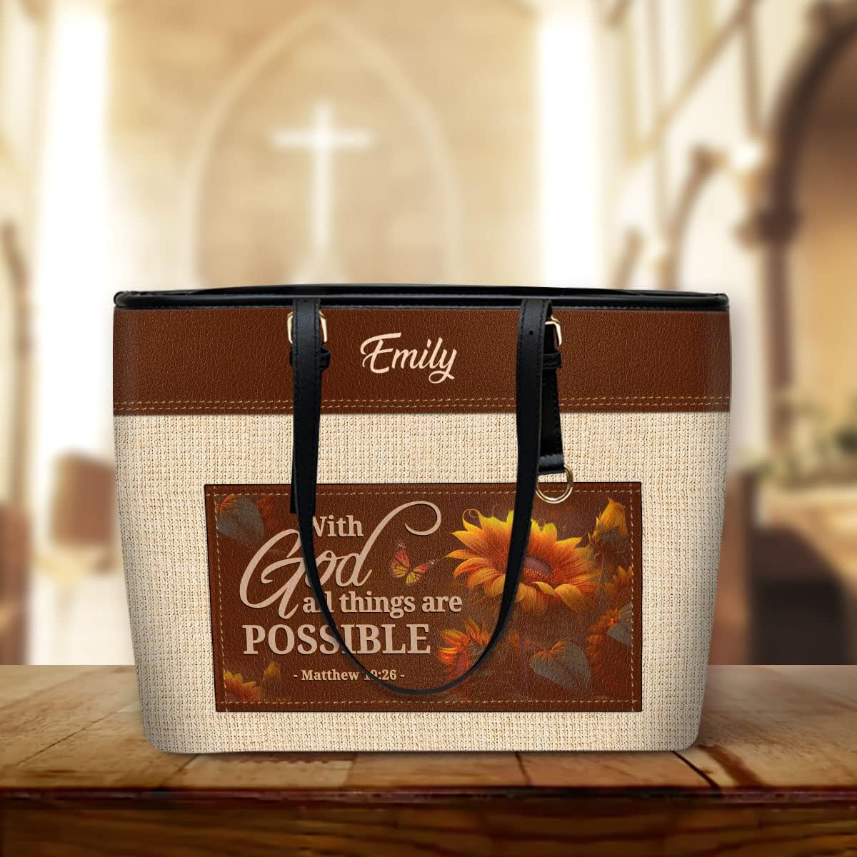 All Things Are Possible Personalized Large Leather Tote Bag - Christian Inspirational Gifts For Women