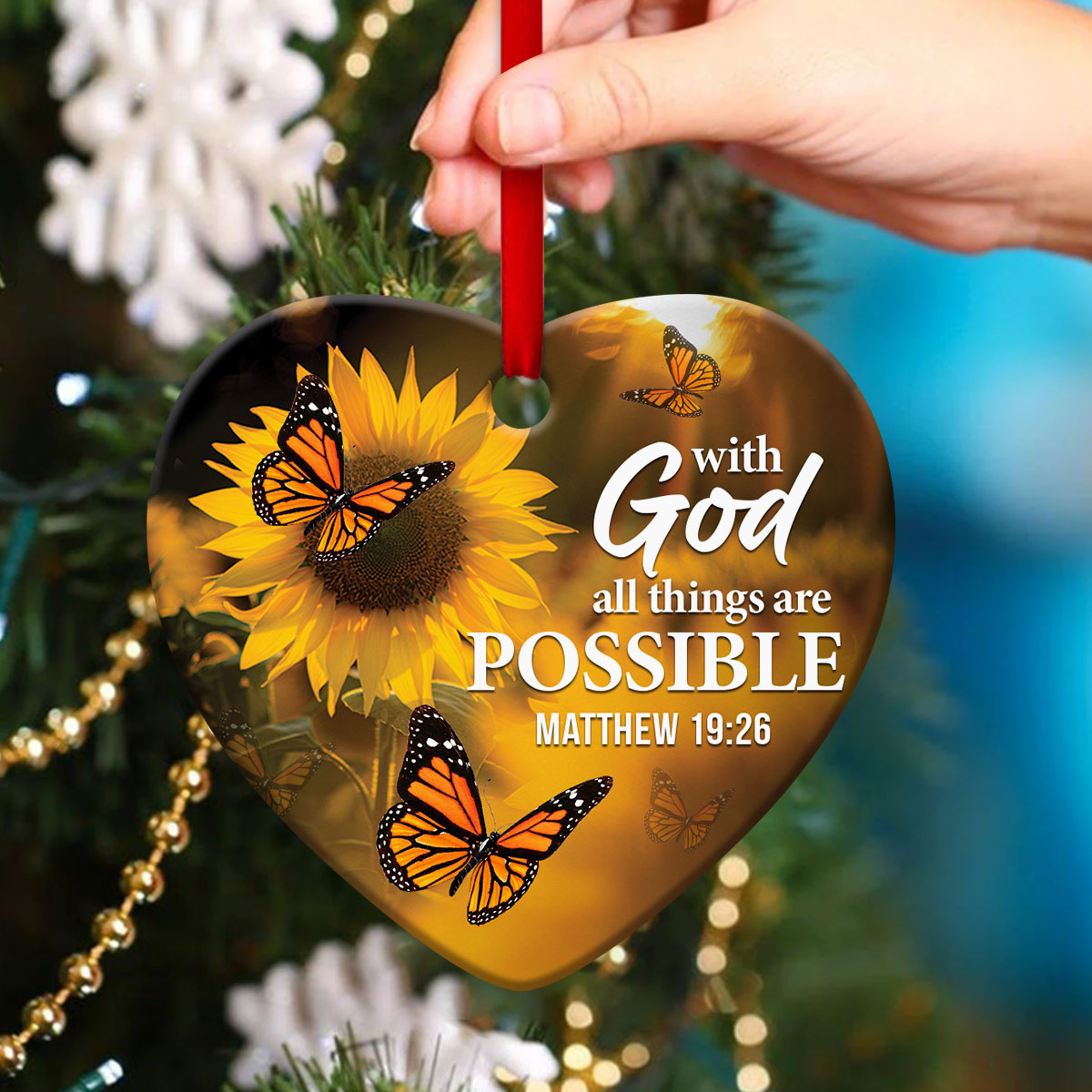 All Things Are Possible With God - Sunflower Ceramic Heart Ornament - Christmas Decor - Funny Ornament