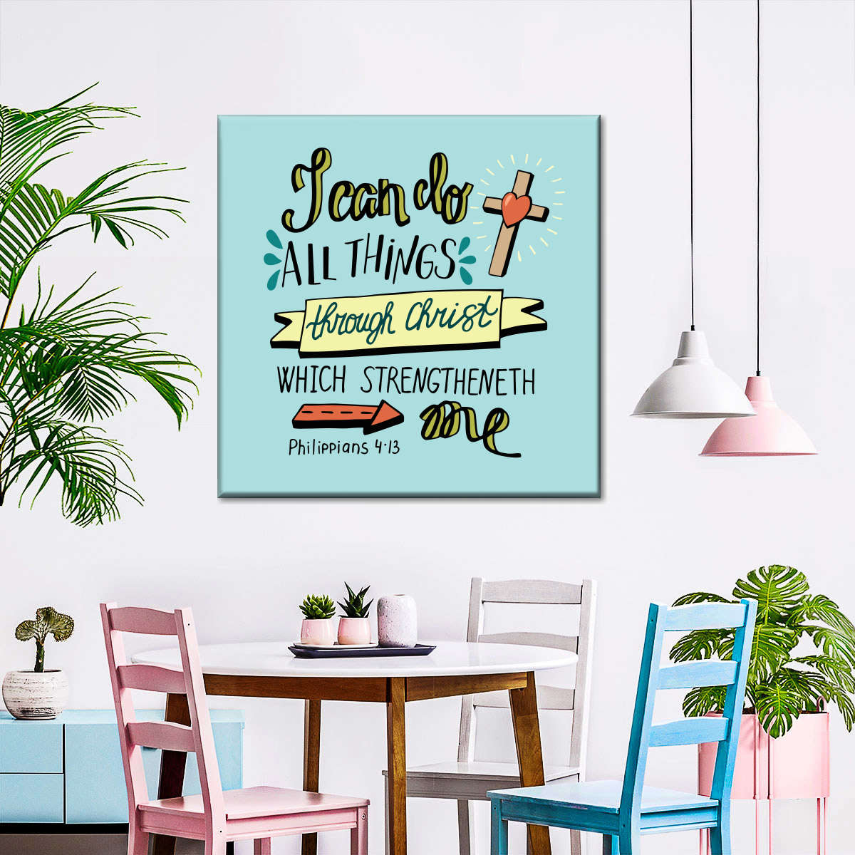 All Things Through Christ Bible Verse Square Canvas Wall Art - Bible Verse Wall Art Canvas - Religious Wall Hanging