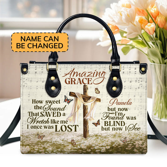 Amazing Grace Cross  Personalized Leather Handbag With Zipper - Inspirational Gift Christian Ladies
