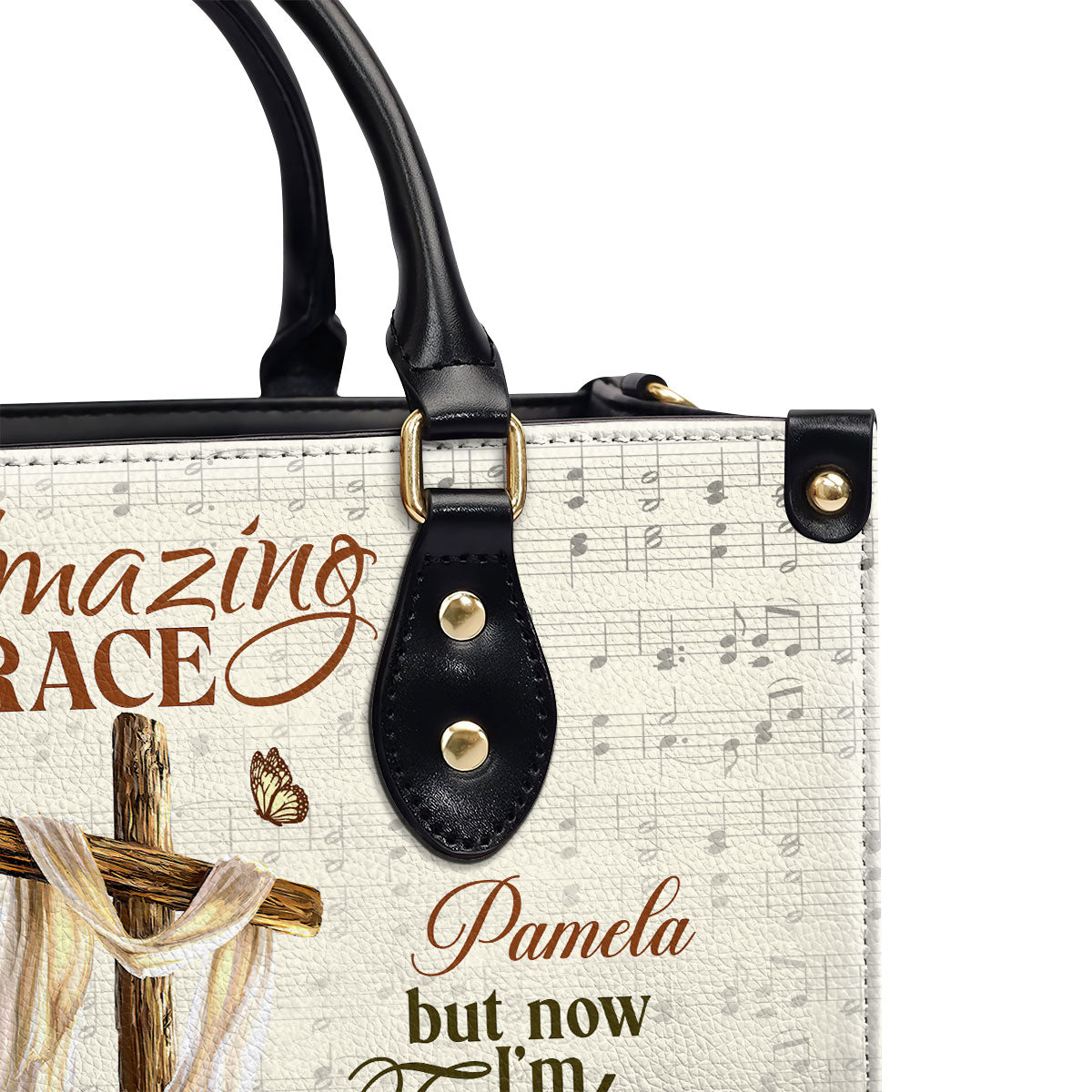 Amazing Grace Cross Personalized Leather Handbag With Zipper - Inspirational Gift Christian Ladies