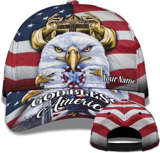America Eagle Bird With Usa Flag God Bless America Custom Name All Over Print Baseball Cap - Christian Hats For Men Women