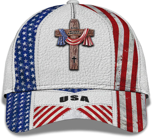 American Flag On Cross God Bless America All Over Print Baseball Cap - Christian Hats For Men Women