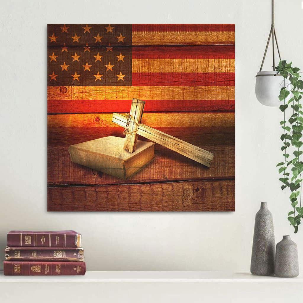American Flag Wall Art Cross On Bible Christian Canvas Print - Christian Wall Art