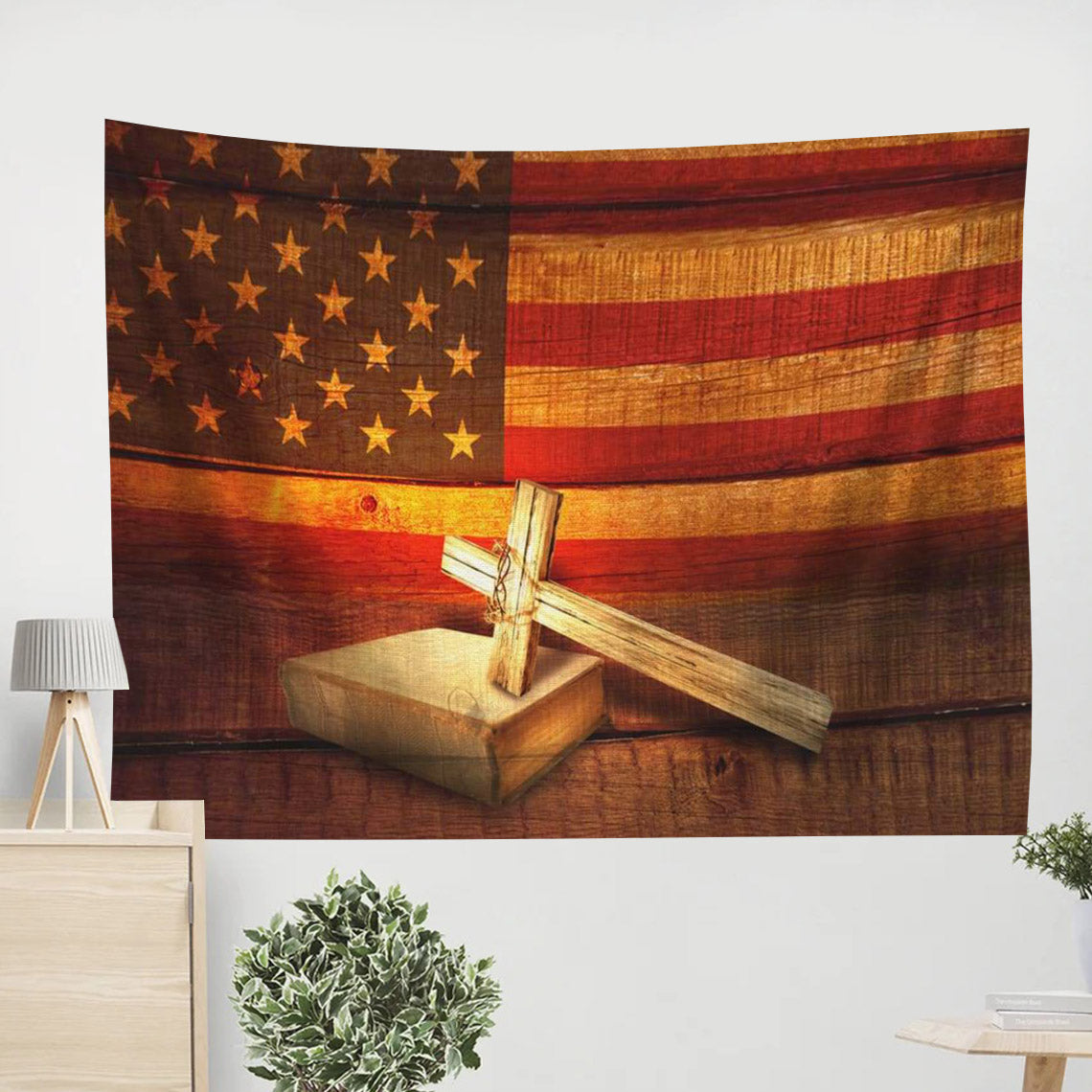 American Flag Wall Art Cross On Bible Christian Tapestry - Religious Tapestry - Christian Wall Tapestry