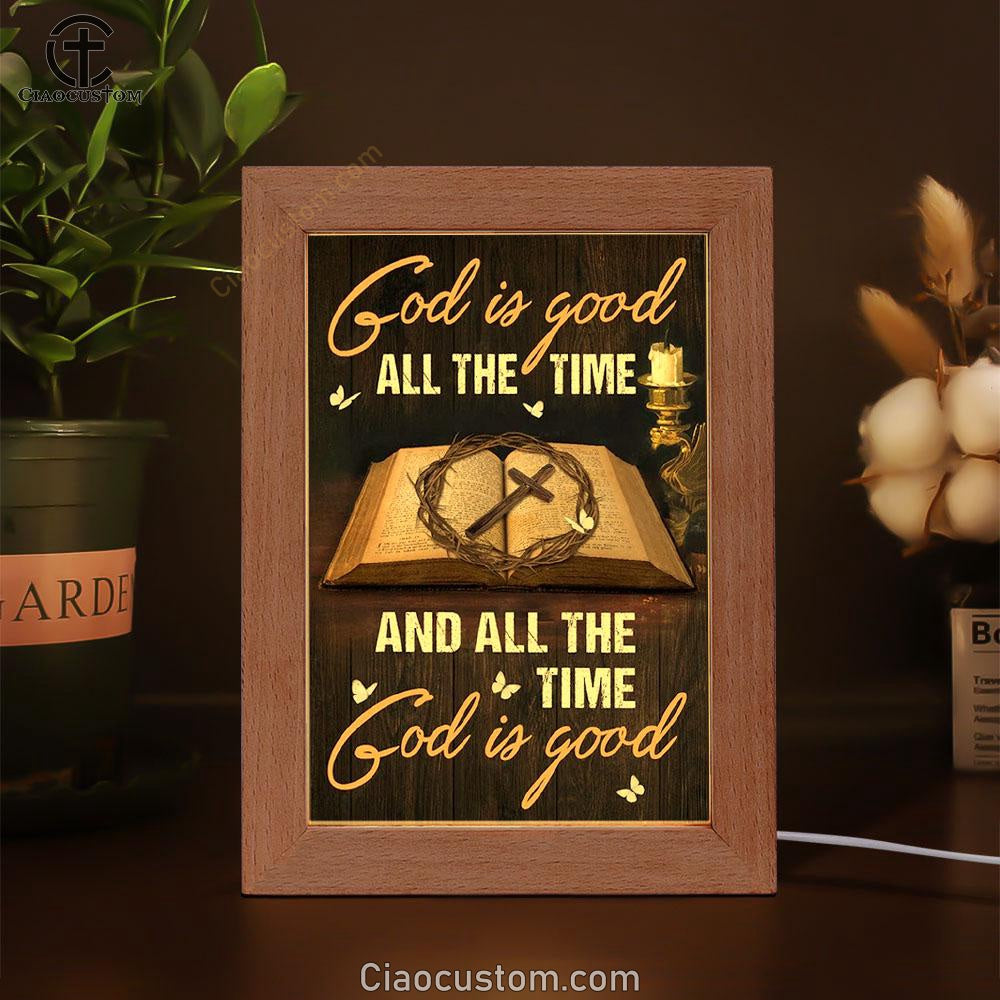 Antique Bible, Crown Of Thorn Painting, Cross, God Is Good All The Time Frame Lamp