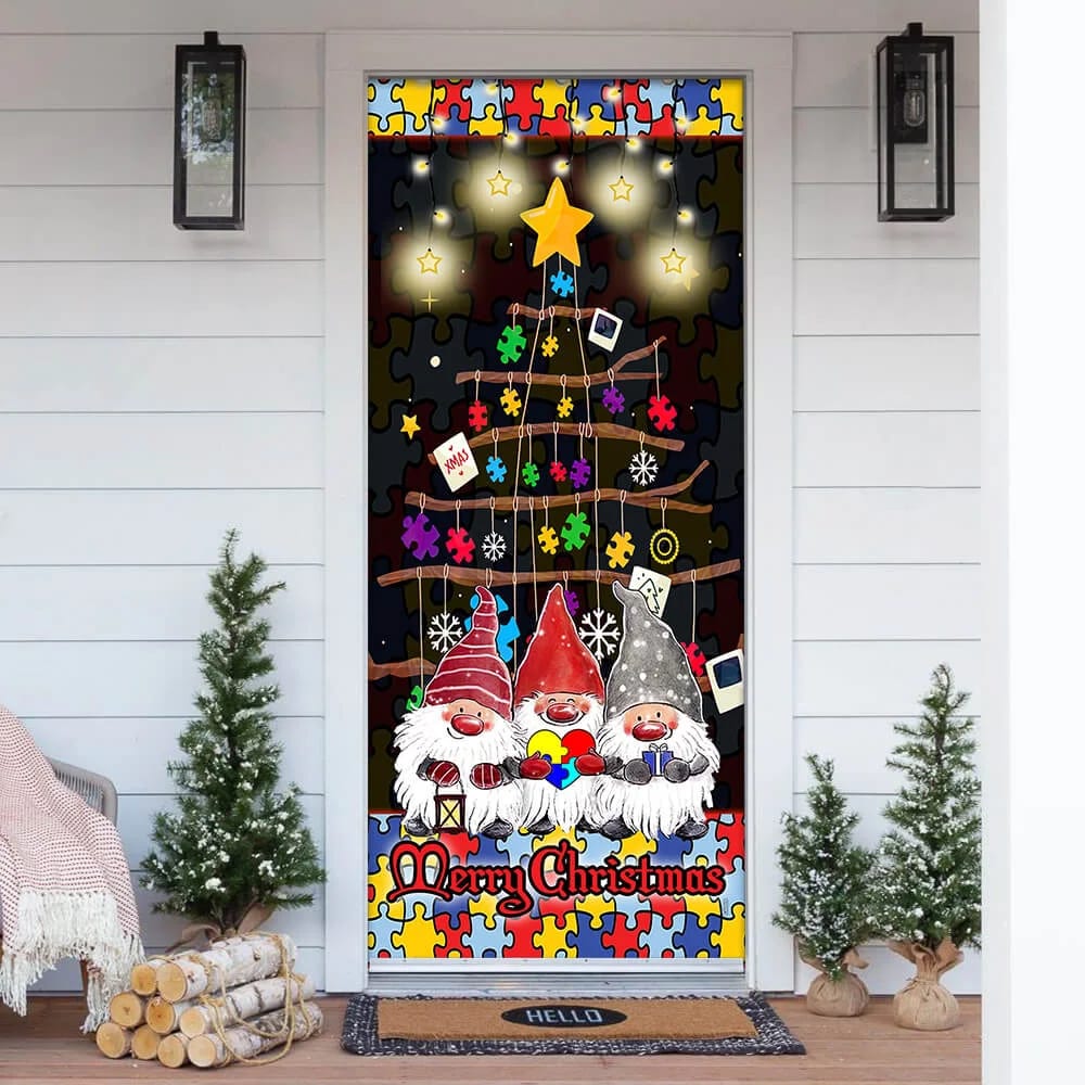 Autism Family Merry Christmas Door Cover - Front Door Christmas Cover - Christmas Outdoor Decoration