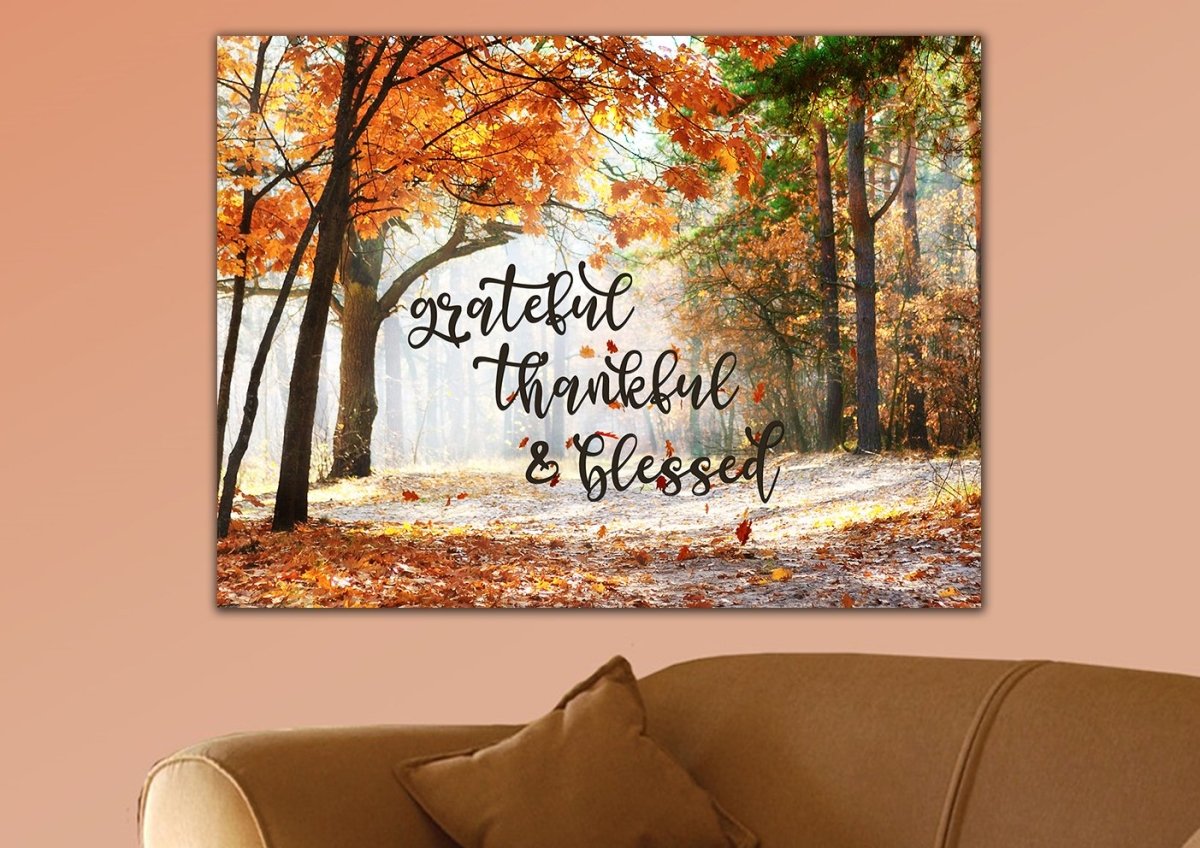 Autumn Leaves Thankful, Grateful & Blessed Wall Decor - Christian Canvas Wall Art
