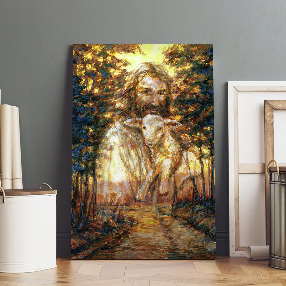 Autumn Path With Jesus Holding Lamb Canvas Pictures - Jesus Canvas Painting - Christian Canvas Prints