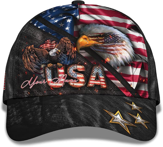 Bald Eagle And Us Flag For Veteran Military Custom Name All Over Print Baseball Cap - Christian Hats For Men Women