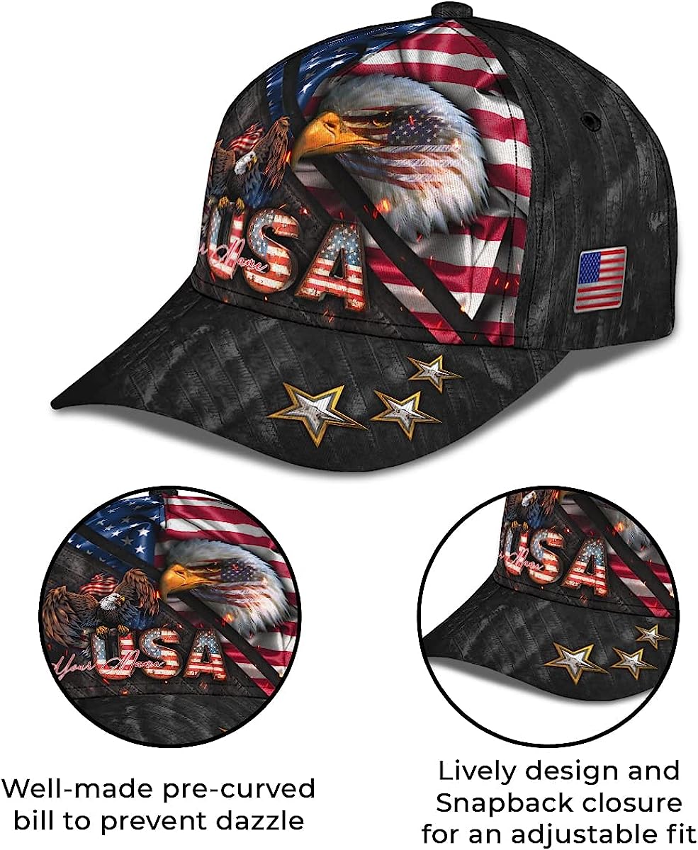 Bald Eagle And Us Flag For Veteran Military Custom Name All Over Print Baseball Cap - Christian Hats For Men Women