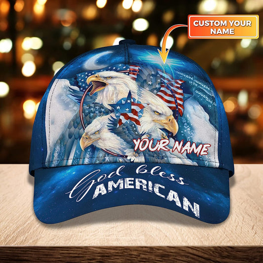 Bald Eagle God Bless America Flag Custom Name All Over Print Baseball Cap - Christian Hats For Men Women