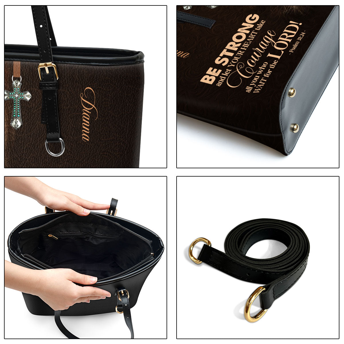 Be Strong And Let Your Heart Take Courage Personalized Large Leather Tote Bag - Christian Gifts For Women