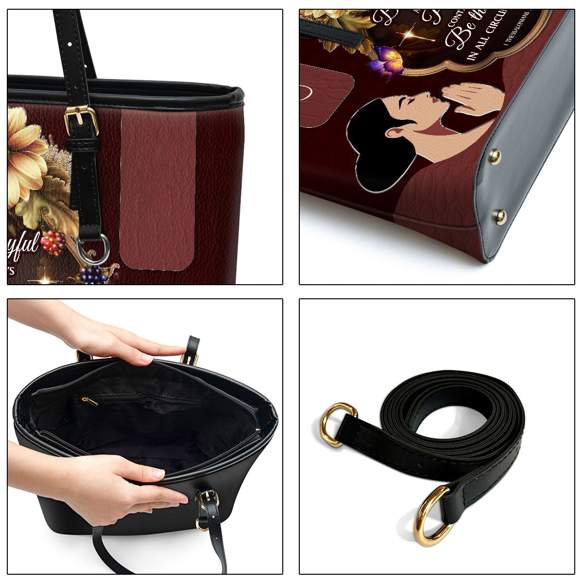 Be Thankful In All Circumstances Personalized Large Leather Tote Bag - Christian Gifts For Women