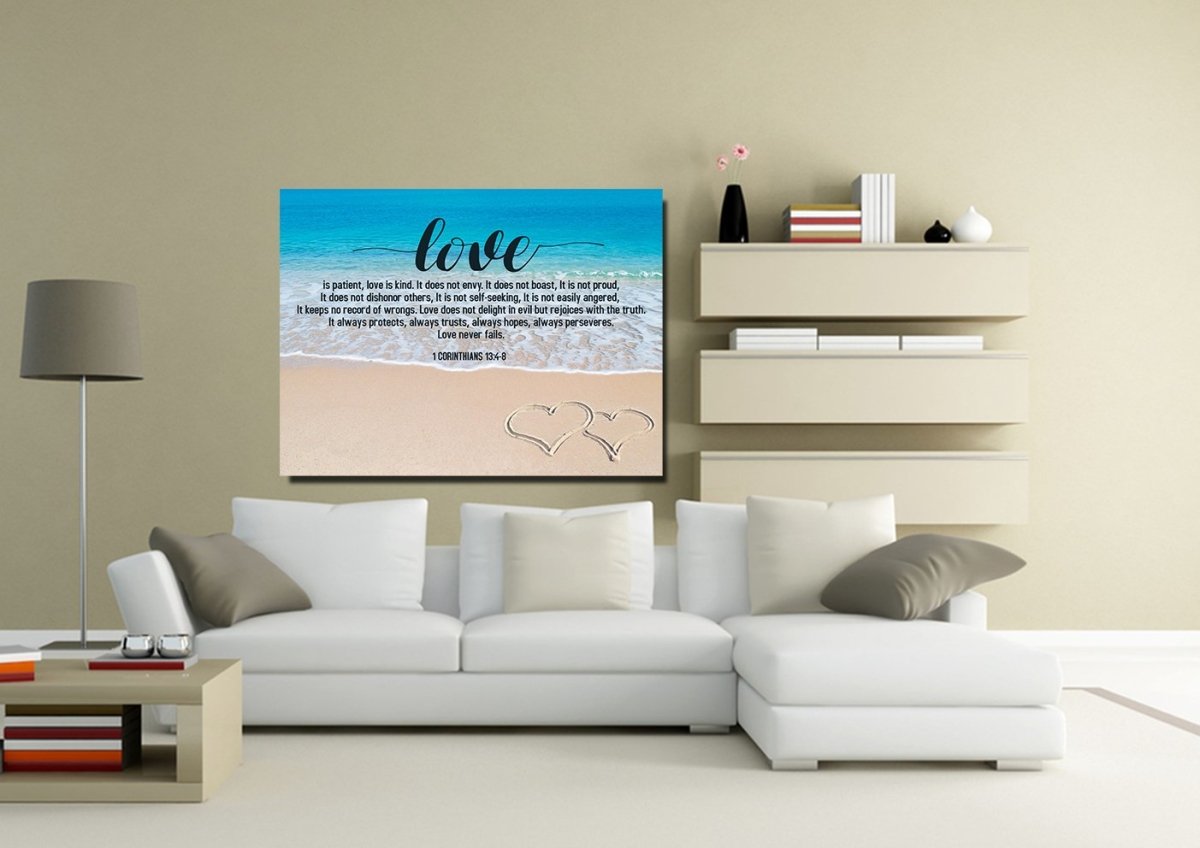 Beach Hearts Love Is Patient, Love Is Kind Wall Art - Christian Canvas Wall Art