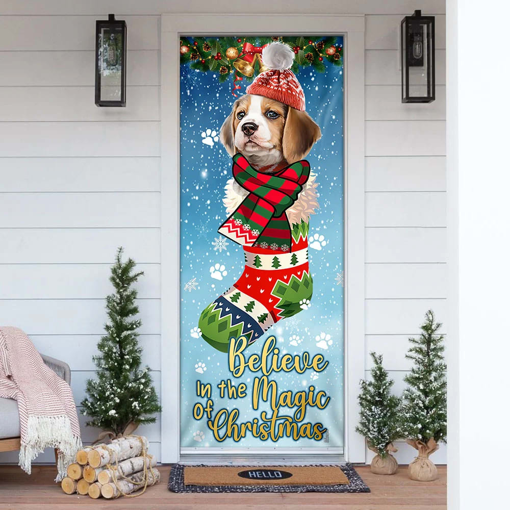 Beagle In Sock Door Cover - Believe In The Magic Of Christmas Door Cover - Christmas Outdoor Decoration