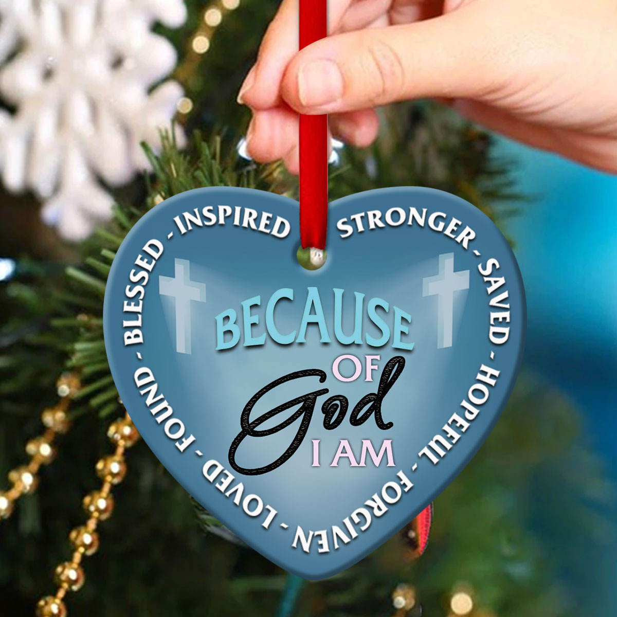 Because Of God, I Am Saved - Jeus Ceramic Heart Ornament - Ornaments Hanging Gift - Nativity Ornaments