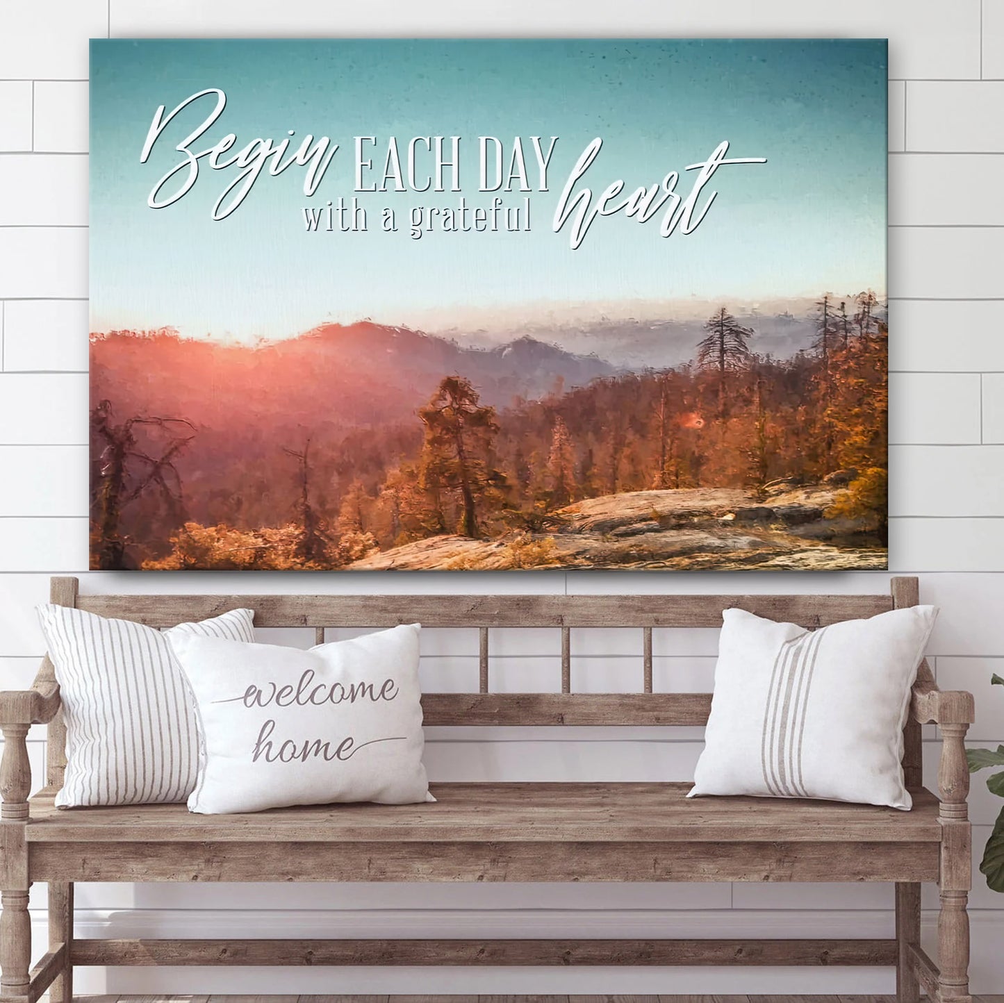 Begin Each Day With A Grateful Heart Mountain Forest Christian Wall Art Canvas - Prints Canvas