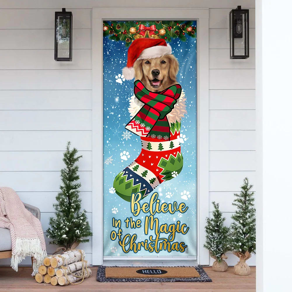 Believe In The Magic Of Christmas - Golden Retriever In Sock Door Cover - Christmas Outdoor Decoration