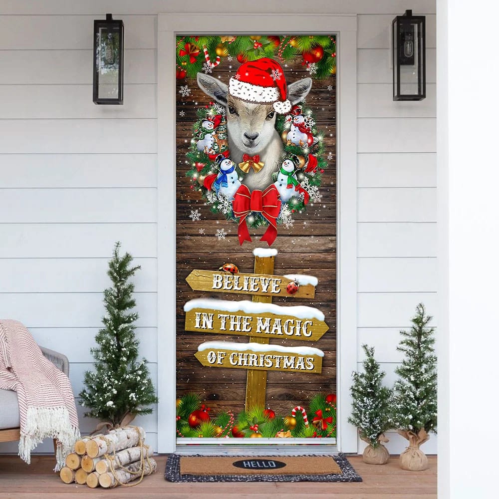 Believe In The Magic Of Christmas Door Cover - Goat Christmas Door Cover - Christmas Outdoor Decoration