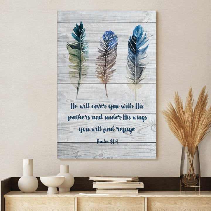 Bible Verse Wall Art Psalm 914 He Will Cover You With His Feathers Canvas Print