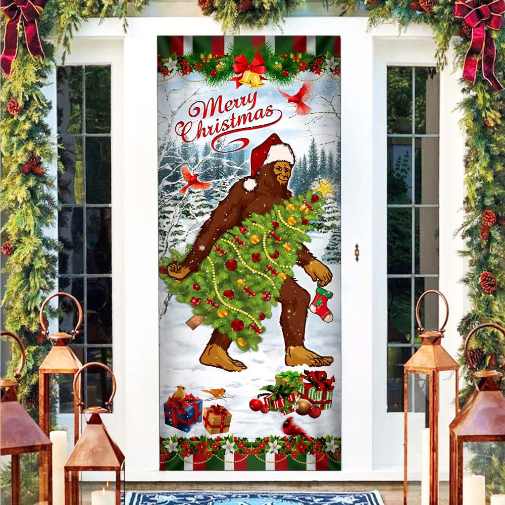 Bigfoot Wearing Santa Hat Christmas Door Cover - Front Door Christmas Cover - Christmas Outdoor Decoration