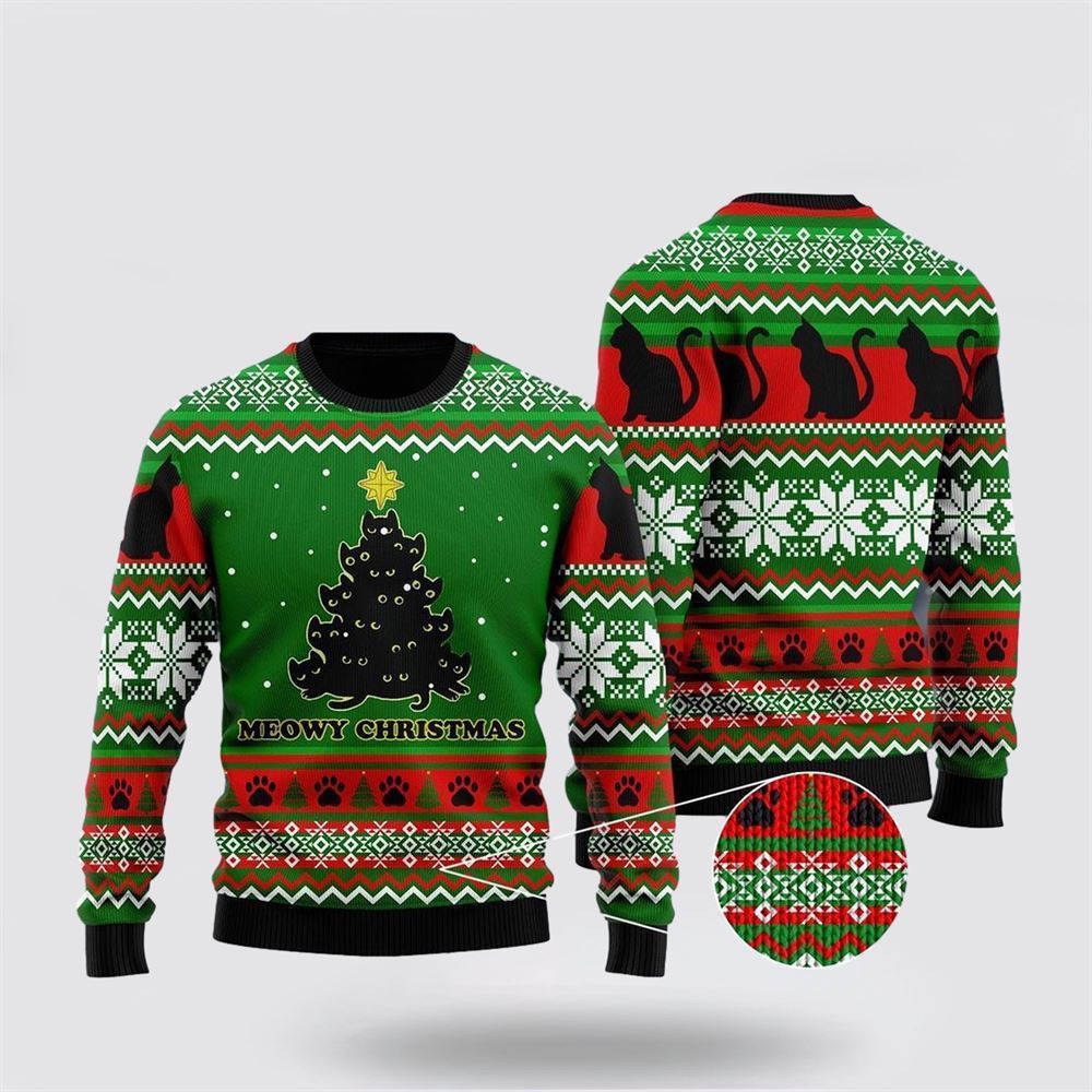 Black Cat Meowy Christmas Tree Ugly Christmas Sweater For Men And Women, Best Gift For Christmas, Christmas Fashion Winter