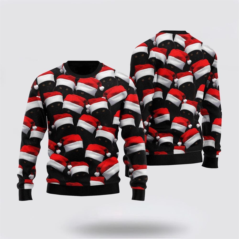 Black Cat & Santa Hat Ugly Christmas Sweater For Men And Women, Best Gift For Christmas, Christmas Fashion Winter