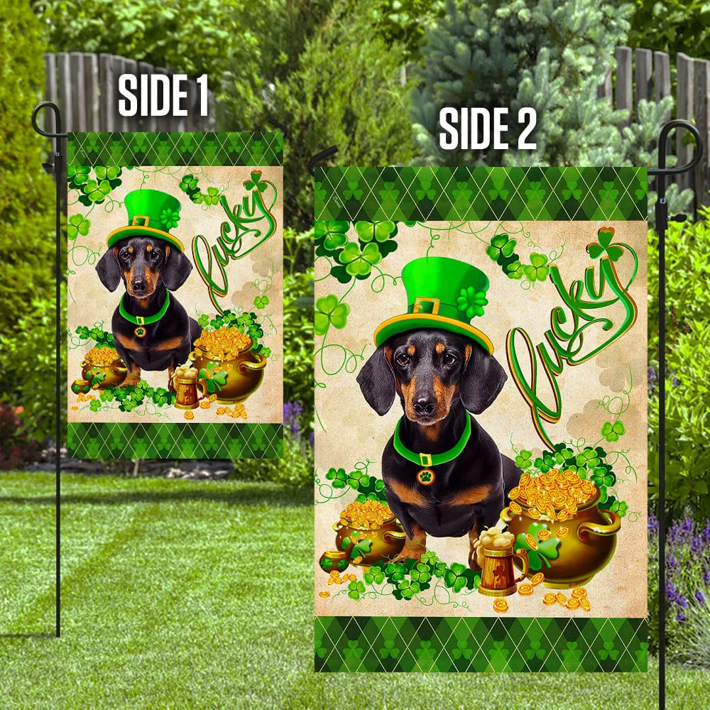 Black Dachshund House Flag - St Patrick's Day Garden Flag - Outdoor St Patrick's Day Decor