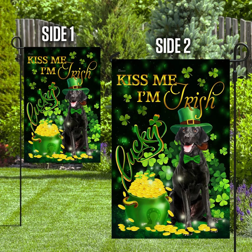 Black Labrador Kiss Me I'm Irish House Flag - St Patrick's Day Garden Flag - Outdoor St Patrick's Day Decor