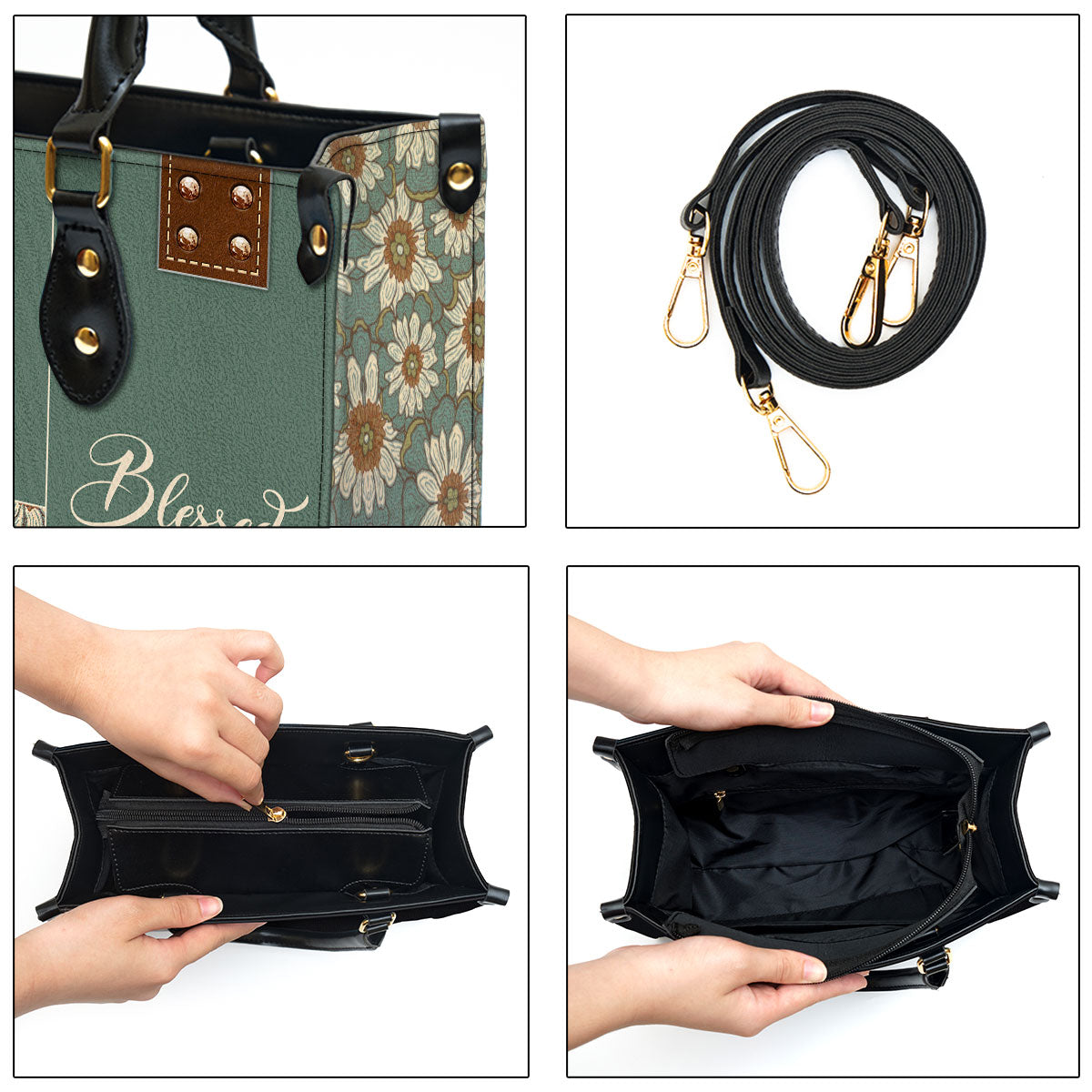 Blessed Is The One Who Trusts In The Lord Leather Bag - Custom Name Flower Leather Handbag - Christian Gifts For Women