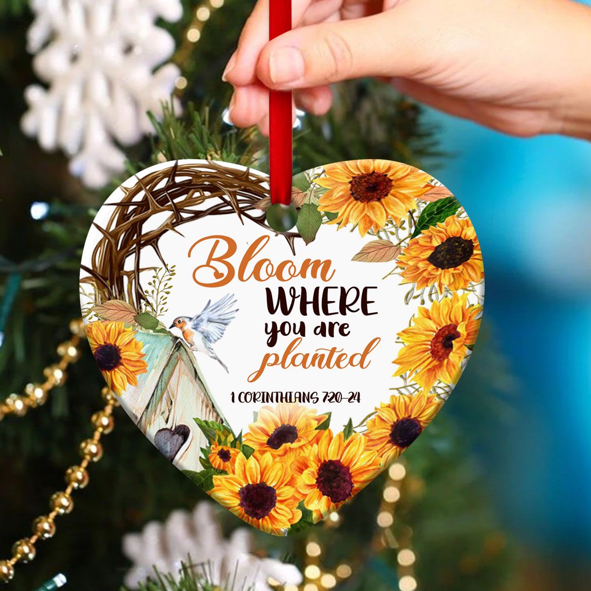 Bloom Where You Are Planted - Special Sunflower Ceramic Heart Ornament - Christian Hanging Gift