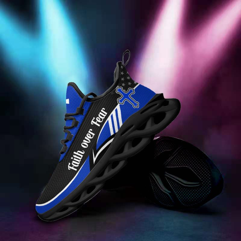 Blue Jesus Faith Over Fear Yezy Running Sneakers Max Soul Shoes - Christian Shoes For Men And Women