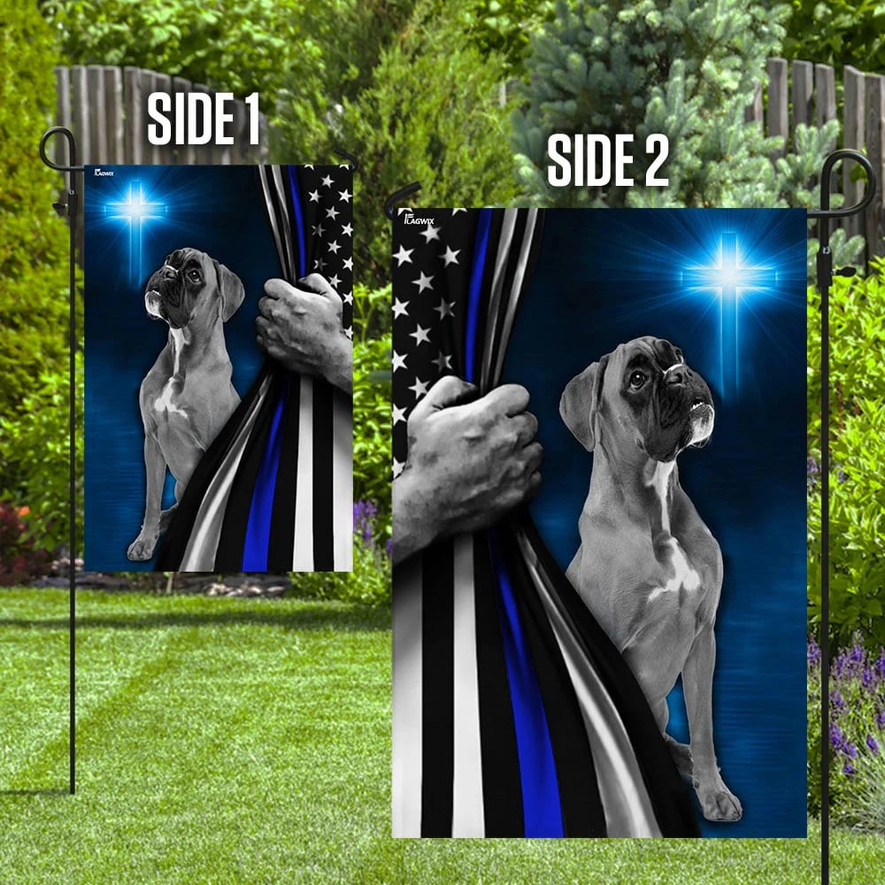 Boxer Police Dog Thin Blue Line Christian Cross House Flags - Christian Garden Flags - Outdoor Christian Flag