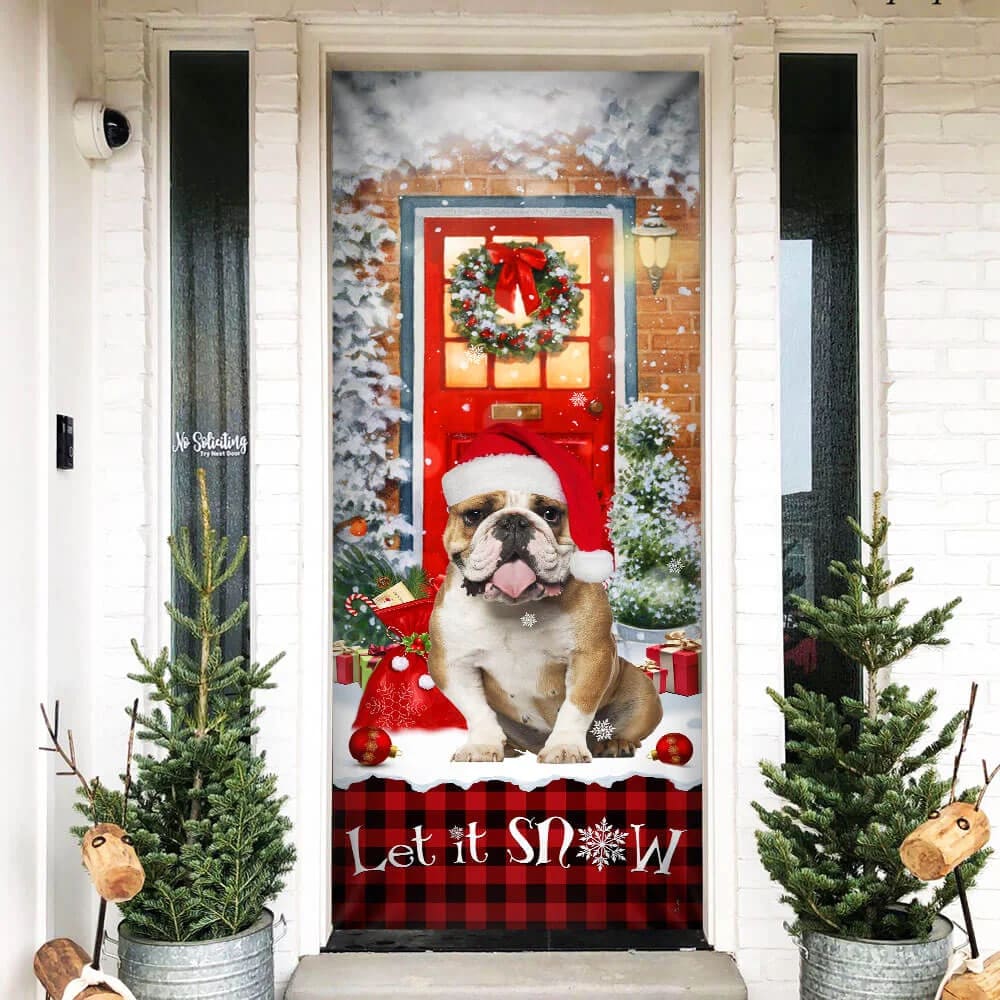 Bulldog Door Cover - Let It Snow Christmas Door Cover - Christmas Outdoor Decoration
