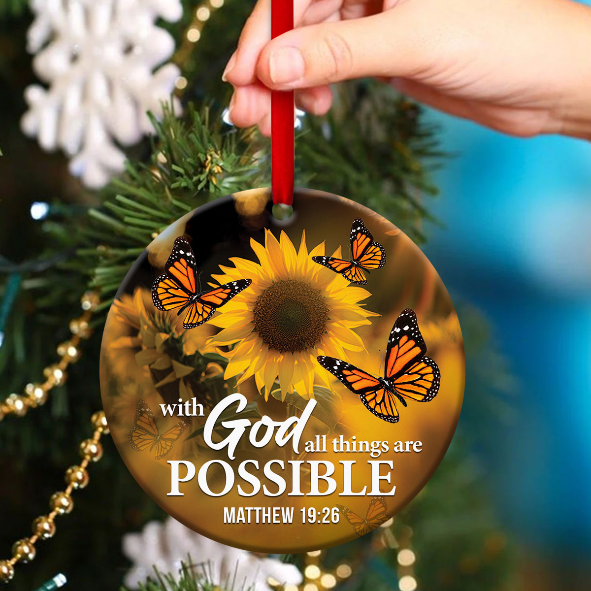 Butterfly And Sunflower Ceramic Circle Ornament - Believe In God - Christmas Decor - Funny Ornament