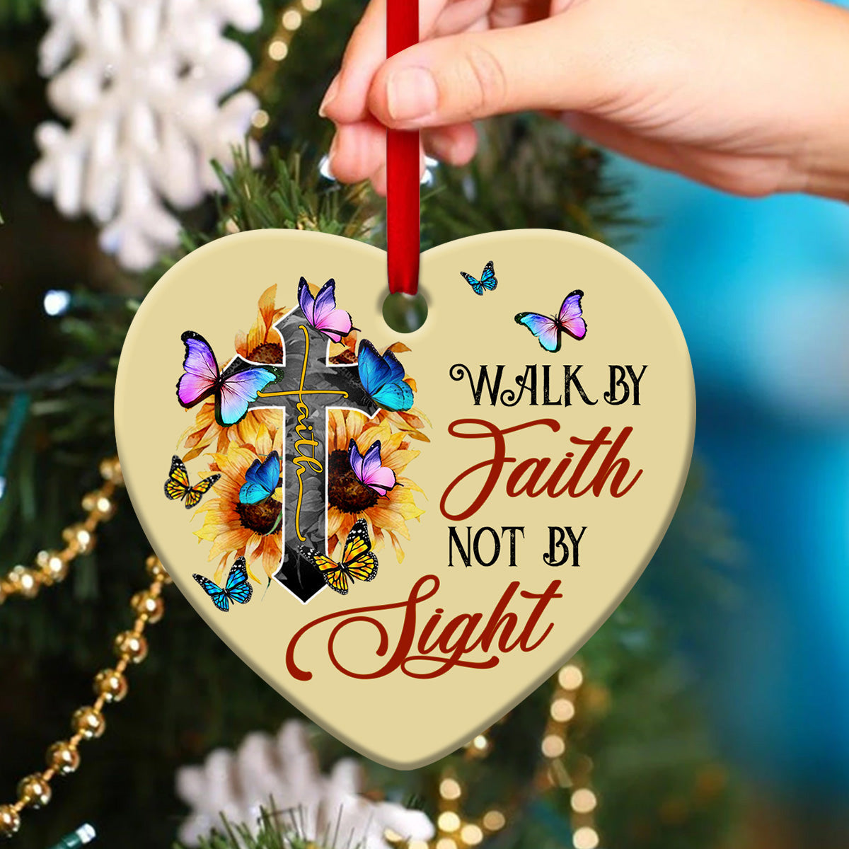 Butterfly Ceramic Heart Ornament - For We Walk By Faith - Nativity Ornaments - Christian Gift For Friends
