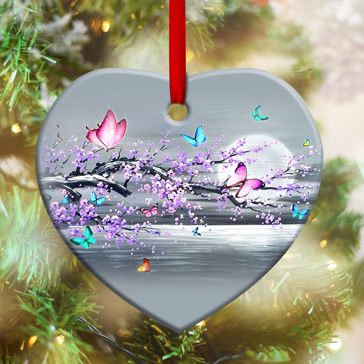 Butterfly Moon Branch Heart Ceramic Ornament - Christmas Ornament - Christmas Gift