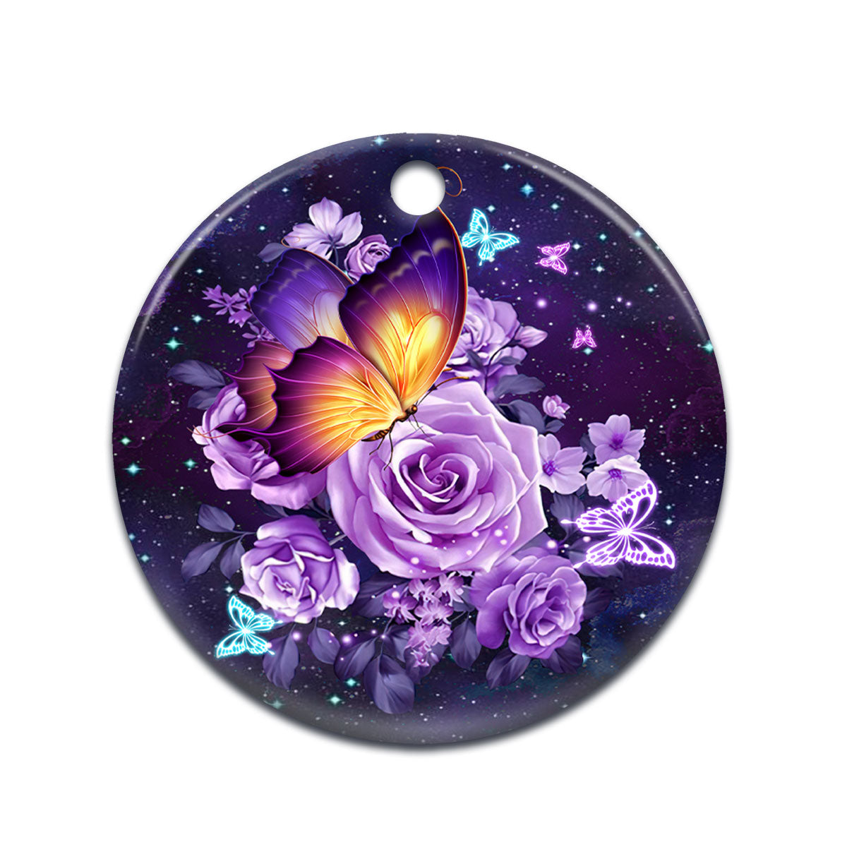 Butterfly Purple Flowers Circle Ornament - Christmas Ornament - Ciaocustom