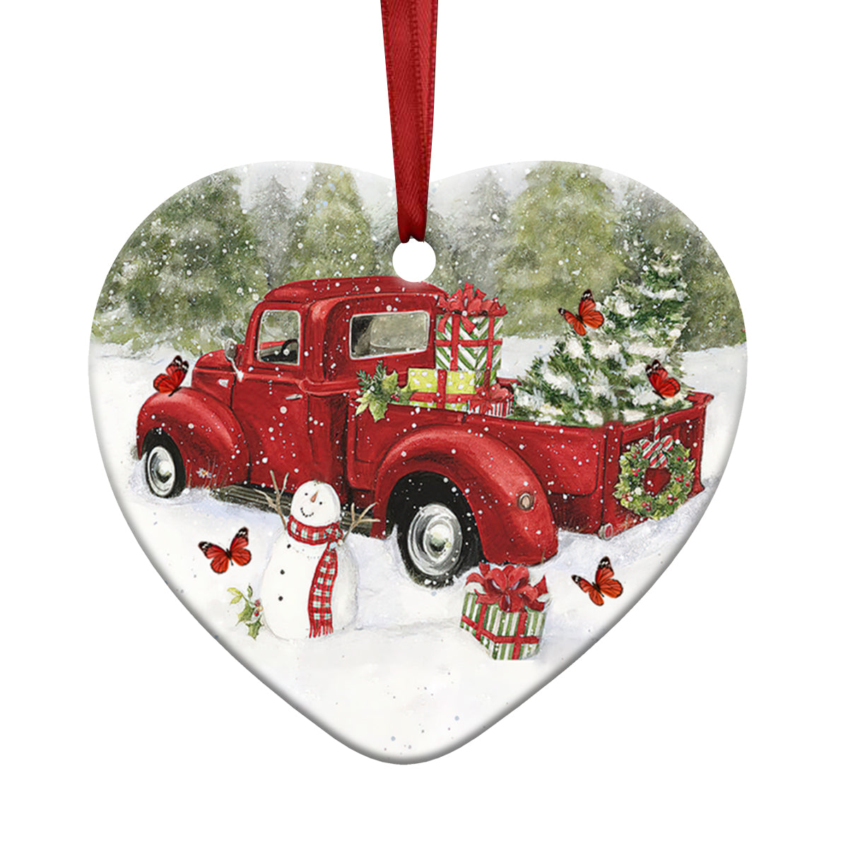Butterfly Red Truck Memory Heart Ceramic Ornament - Christmas Ornament - Christmas Gift